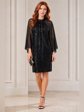 NWT NW Nightway Black Sequin Halter Style Dress With Shear Cape Overlay Size 4